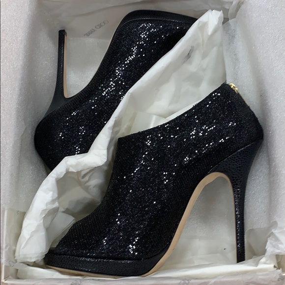 JIMMY CHOO GLINT KID LEATHER BLACK PLATFORM BOOTIES W/SNAKE PLATFORM HEEL SZ 8.5 - Picture 1 of 8